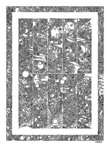 A doodle-style art piece including words like "together" and "adelante" and "justice," which describe the work done by Colorado Legal Services. The image also includes houses and scales of justice and many other visual representations of CLS's work.