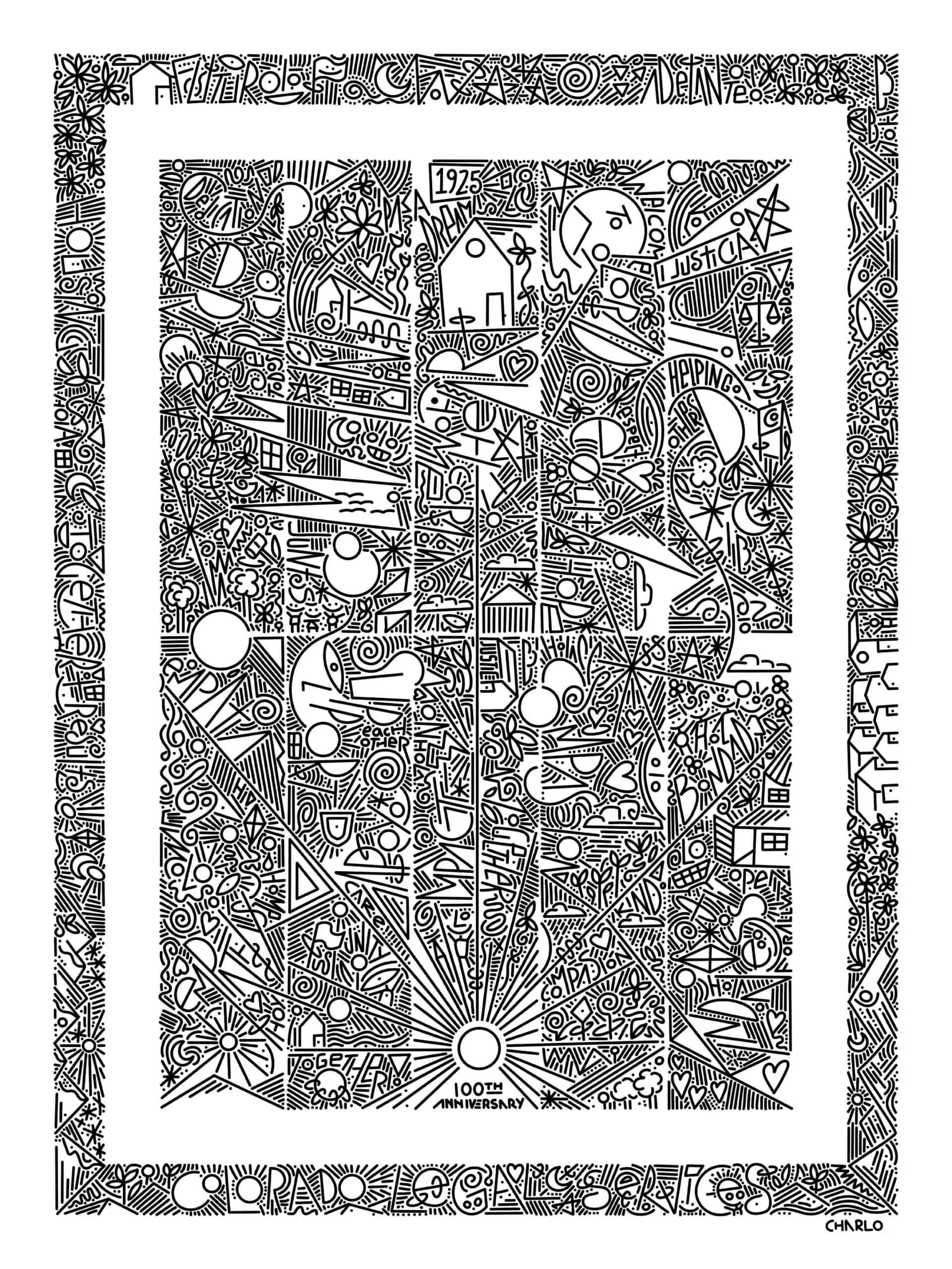 A doodle-style art piece including words like "together" and "adelante" and "justice," which describe the work done by Colorado Legal Services. The image also includes houses and scales of justice and many other visual representations of CLS's work.