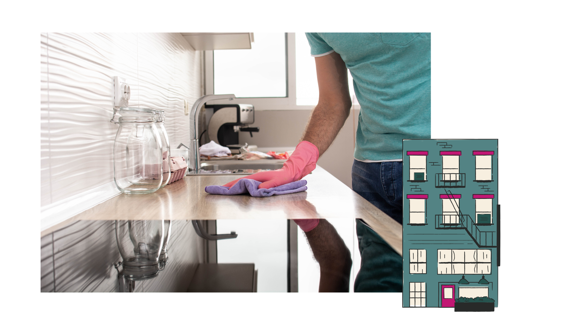 An image of a person wiping the counter with a small apartment building displayed next the the image.